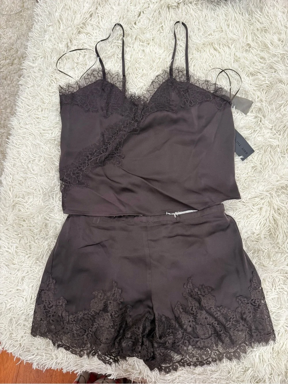 Lace-Trim Satin Cami & Short Set - Brown